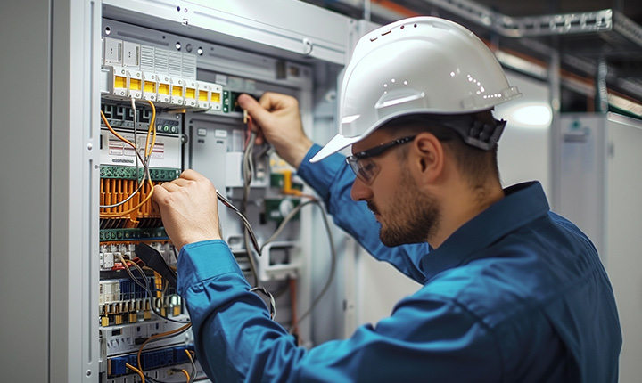 Un ingegnere che indossa un elmetto lavora sul cablaggio all'interno di un pannello di controllo elettrico aperto.