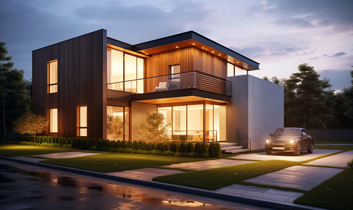 Casa moderna a due piani con grandi finestre e un'auto parcheggiata nel vialetto all'imbrunire, con luci che brillano all'interno.