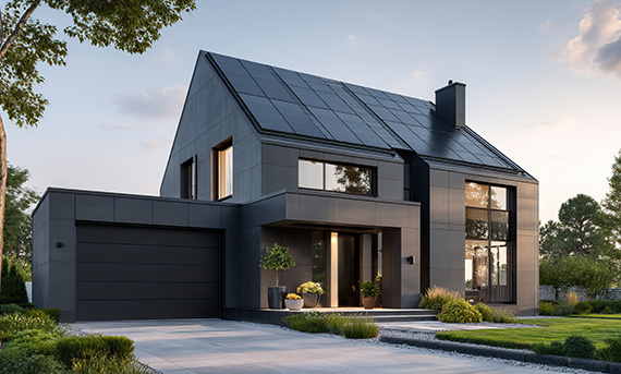 Moderna casa a due piani con esterni neri, grandi finestre, garage annesso e giardino anteriore.