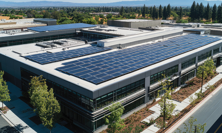 Un grande edificio commerciale con pannelli solari installati sul tetto piatto bianco, circondato da alberi e marciapiedi.