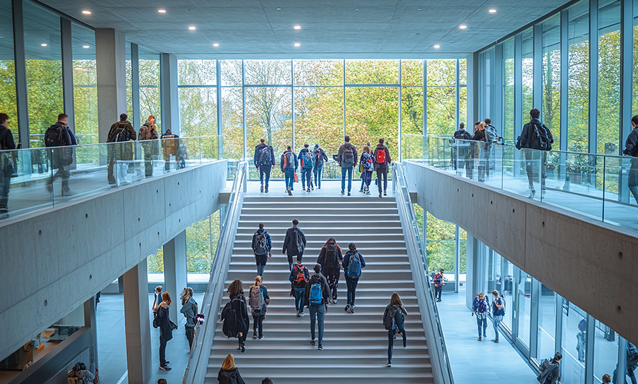 Gli studenti con lo zaino salgono e scendono ampie scale in un edificio moderno con pareti di vetro e luce naturale.