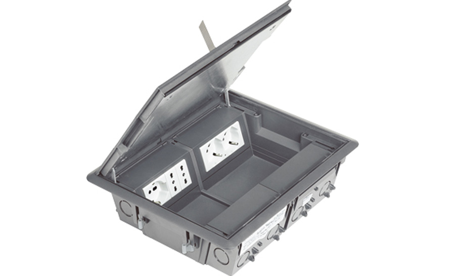 BTicino Torrette a scomparsa e pop-up da pavimento: scatola da pavimento in metallo con coperchio aperto, prese e scomparti interni.