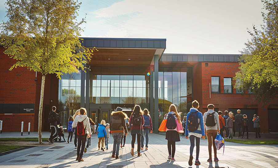 Un gruppo di studenti con lo zaino in spalla cammina verso un moderno edificio scolastico in mattoni in una giornata di sole.