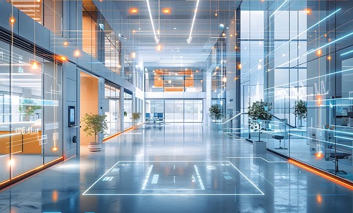 Lobby di un ufficio moderno con pareti di vetro e grafica digitale che sovrappone l'immagine, con piante e arredi minimali.Lobby di un ufficio moderno con pareti di vetro e grafica digitale che sovrappone l'immagine, con piante e arredi minimali.